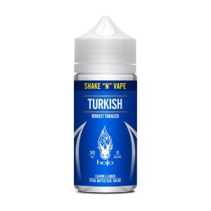 Flacon Halo Turkish 50 ml sans nicotine, étiquette bleue, sur fond blanc sans mise en scène