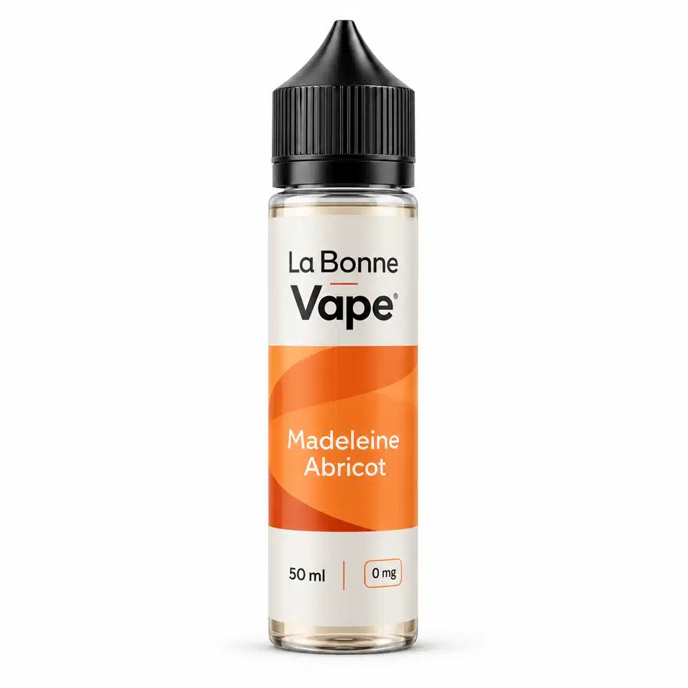 Flacon La Bonne Vape Madeleine Abricot, e-liquide 50 ml, vue de face sur fond blanc
