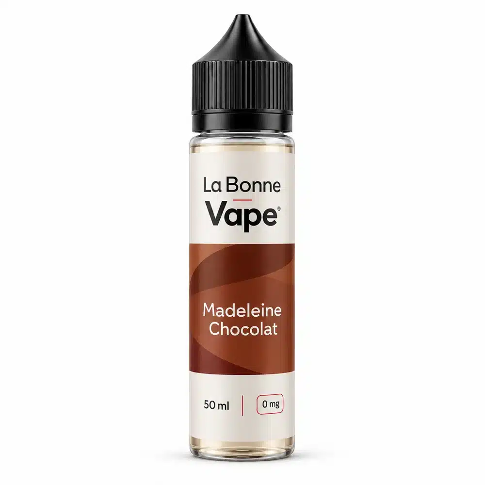 Flacon La Bonne Vape Madeleine Chocolat, e-liquide 50 ml, vue de face sur fond blanc