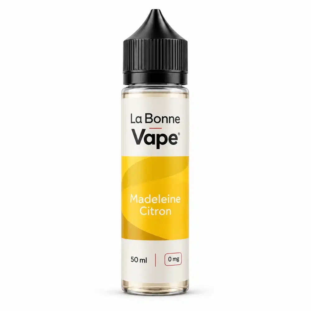 Flacon La Bonne Vape Madeleine Citron, e-liquide 50 ml, vue de face sur fond blanc