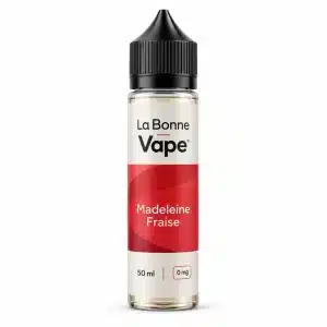 Flacon La Bonne Vape Madeleine Fraise, e-liquide 50 ml, vue de face sur fond blanc