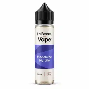 Flacon La Bonne Vape Madeleine Myrtille, e-liquide 50 ml, vue de face sur fond blanc