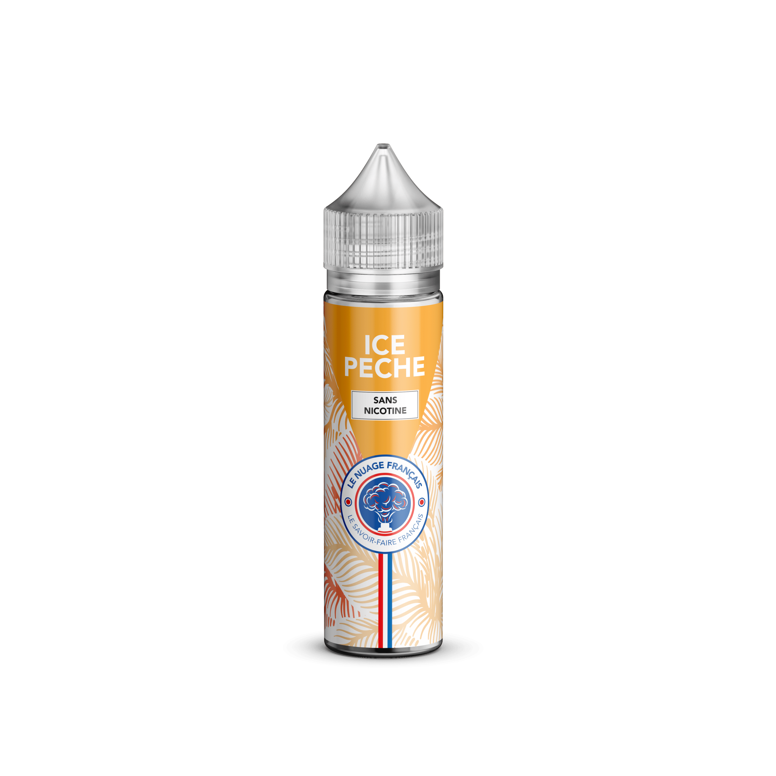 Flacon e-liquide Ice Pêche 50 ml Le Nuage Français, photographie fabricant sur fond blanc